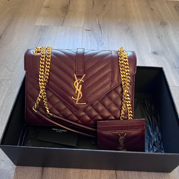 Saint Laurent Monogram Medium Envelope Purse with Matching Card Holder Burgundy - Picture 6 of 9